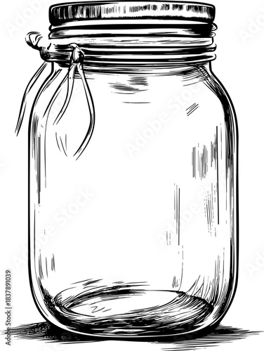 Transparent glass jar with a metal lid and tie.