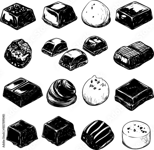 Variety of chocolate candies displayed in an organized manner.