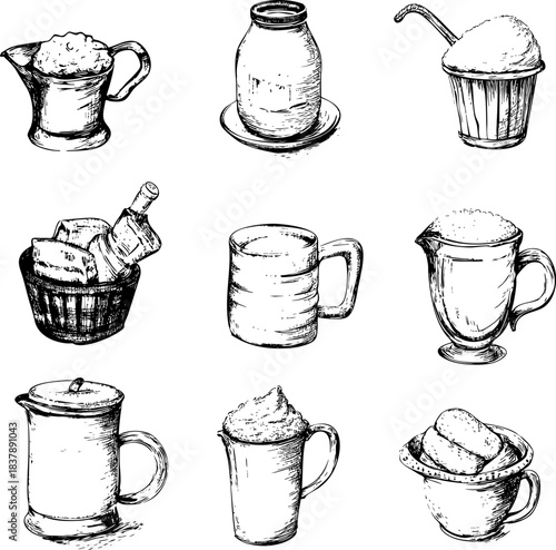 Vintage illustrations of various containers holding ingredients and liquids.