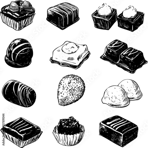 Variety of hand-drawn chocolate desserts and sweets displayed creatively.