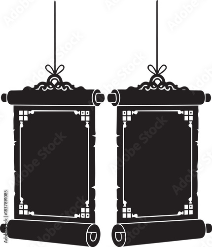 Two black silhouette scrolls hanging side by side with decorative elements