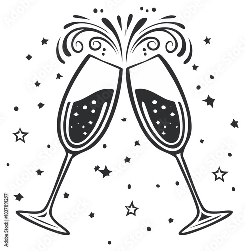 Sparkling Celebration: Two Toasting Champagne Flutes with Celebration Stars and Swirls