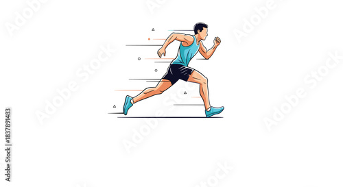 Dynamic illustration of a male athlete running or jogging at high speed with motion lines showing his rapid movement.