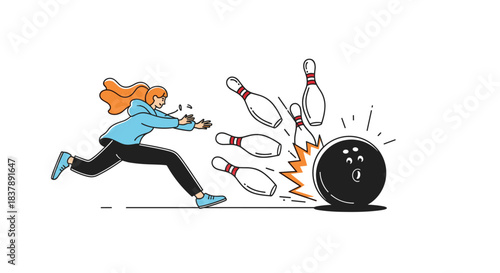 Dynamic cartoon illustration of a woman throwing a bowling ball and hitting the pins for a perfect strike in a game.
