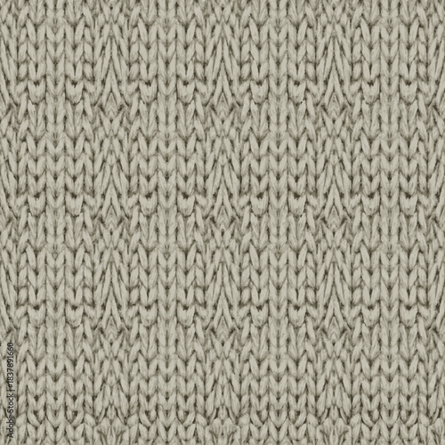 Close-up view of a textured beige knitted fabric showcasing intricate stitch patterns and warm woolen fibers.