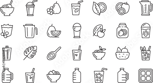 Collection of minimalist line art icons for drinks fruits and food preparation icon set