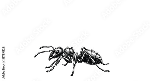 Highly detailed and realistic black and white hand-drawn illustration of an ant in a vintage scientific engraving style.