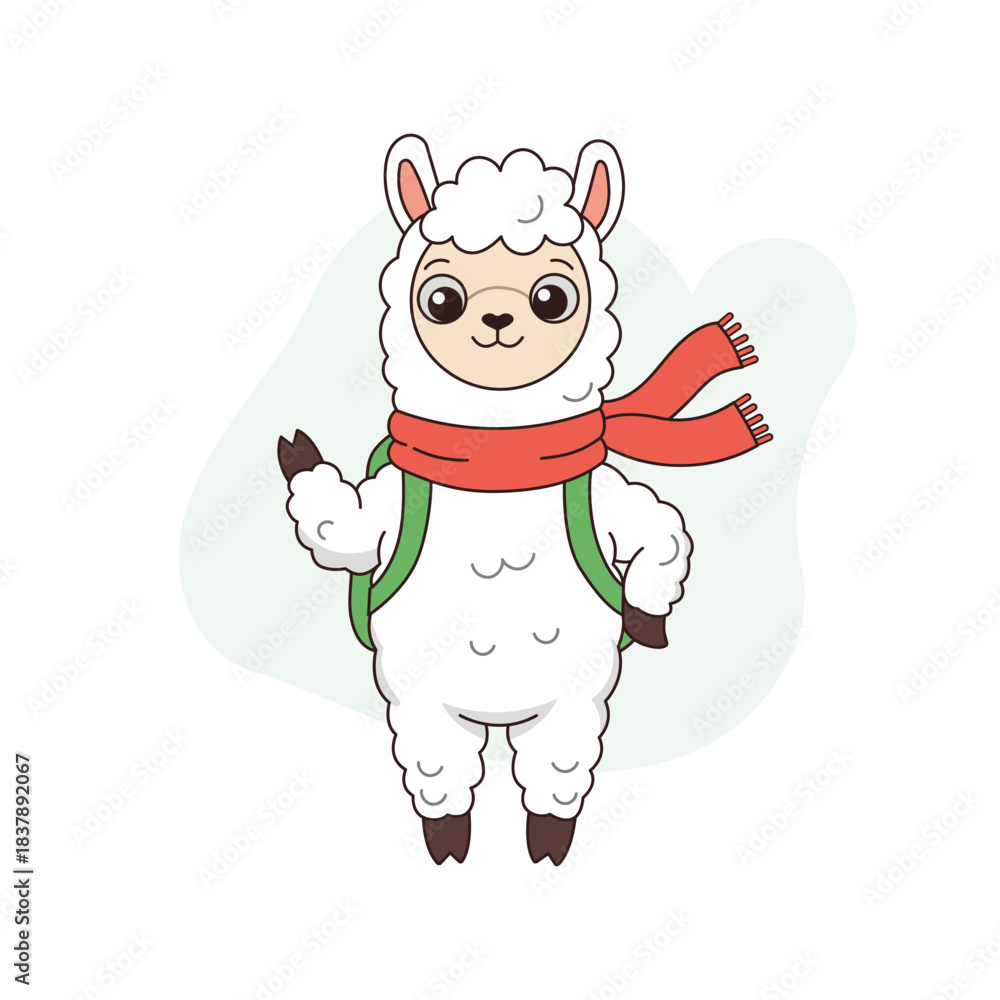 Naklejka premium Cute cartoon llama wearing a red scarf and backpack standing with a friendly pose on a light background