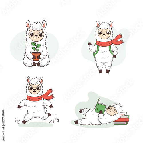 Four cartoon llamas are shown doing different activities. One holds a plant, another wears a backpack, one is jumping, and the last is lying down reading a book.