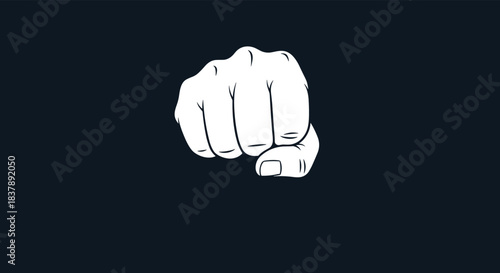 Powerful white illustration of a clenched fist pointing forward symbolizing strength protest or punching on a dark background.