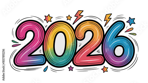 Colorful Anticipation: A vibrant and creatively designed 2026 with a playful mix of colors, stars, and lightning bolts suggesting an exciting future.