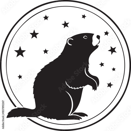Black silhouette of a groundhog standing on hind legs with stars in a circle