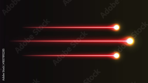 Three parallel red laser light beams moving fast with glowing tips, abstract motion effect on black background
