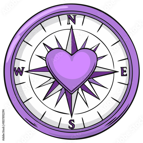 Compass rose with purple heart needle pointing north and directions N, S, E, W
