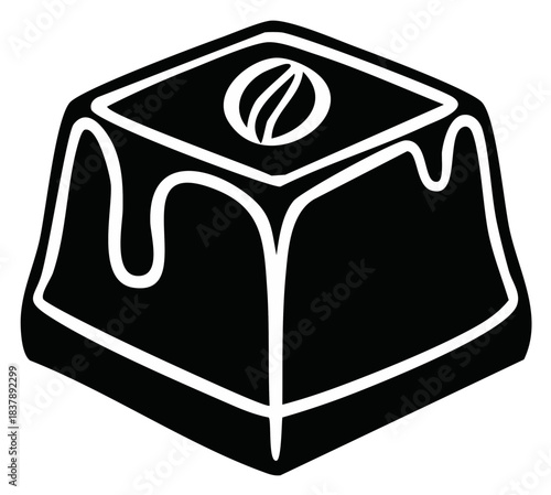 Elegant square chocolate praline icon with coffee bean topping and sweet dripping glaze graphic design
