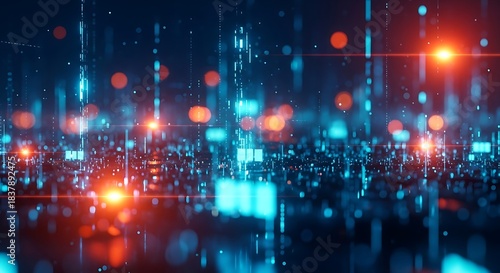 Wallpaper Mural Abstract digital data flow visualization with glowing blue and orange light particles representing technology, network, and big data in a futuristic city scape Torontodigital.ca