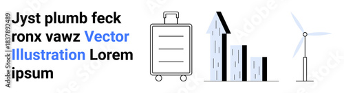 Sustainability, business growth, travel, renewable energy, eco-friendly solutions, and innovation. A wind turbine, suitcase and graph with ascending bars. Sustainability and business growth concept