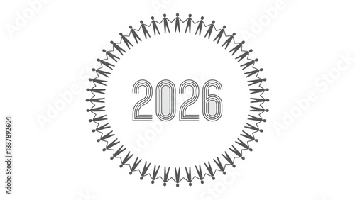2026: A Vision of Unity: A symbolic representation of unity, featuring a circle of interconnected human figures encircling the year 2026, conveying themes of collaboration, future prospects.