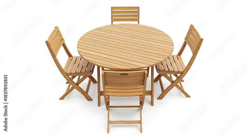 Fototapeta premium Wooden Outdoor Dining Set with Round Table and Four Chairs.