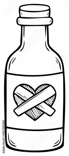 Vintage elixir bottle featuring heart and bandage graphics symbolizing healing and love potion concept