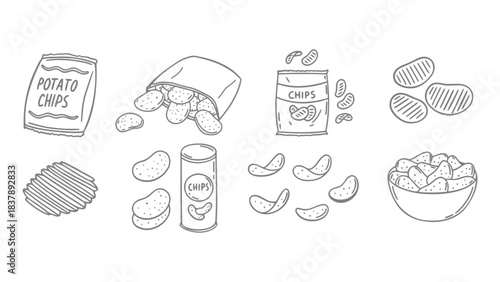 Potato chips vector illustration set snack food drawing design