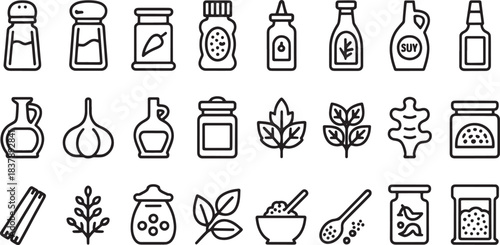 Collection of minimalist line art icons for spices condiments and ingredients spice shaker salt shaker