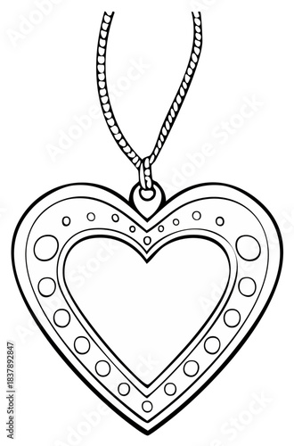 Detailed outline drawing of a heart-shaped locket pendant with decorative border on a chain.