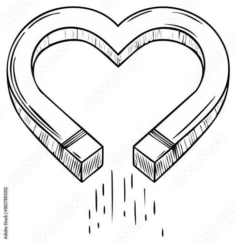 Heart Shaped Magnet Attracting Particles Sketch Style Outline Illustration