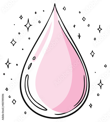 Pink water drop doodle with star sparkles, hand drawn style, simple vector illustration, freshness and purity, hygiene concept