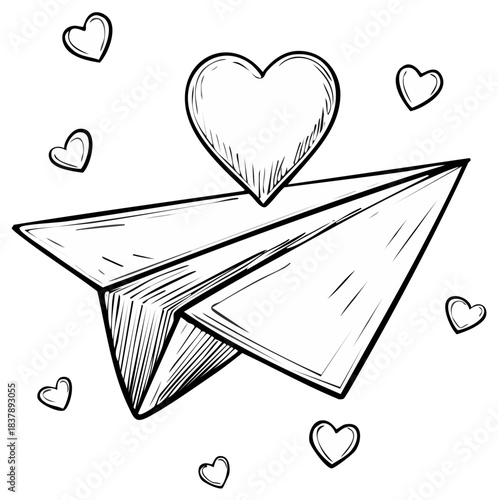 Drawn paper airplane flies surrounded by love hearts for romantic flight, hand sketch in black line art style