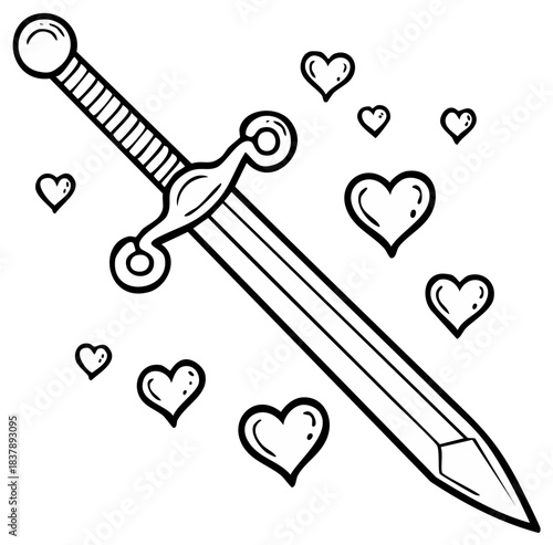 Cute medieval sword surrounded by romantic hearts black and white coloring page
