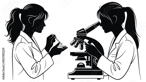 Scientists working in lab research and analysis silhouette art