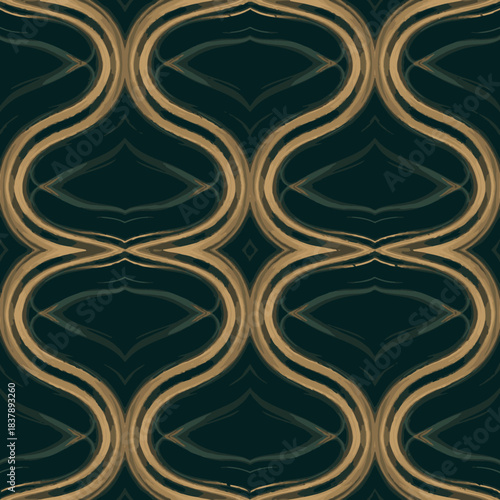 An elegant and sophisticated seamless pattern featuring flowing golden-brown wavy lines against a deep teal background, perfect for luxurious design projects and textile applications.