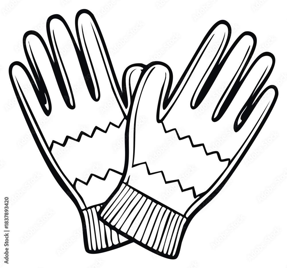 Obraz premium Knitted winter gloves with a zigzag pattern black and white line art illustration for coloring
