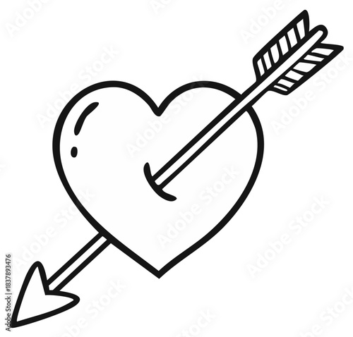 Hand drawn heart pierced by an arrow symbol symbolizing love and romance in a simple outline style