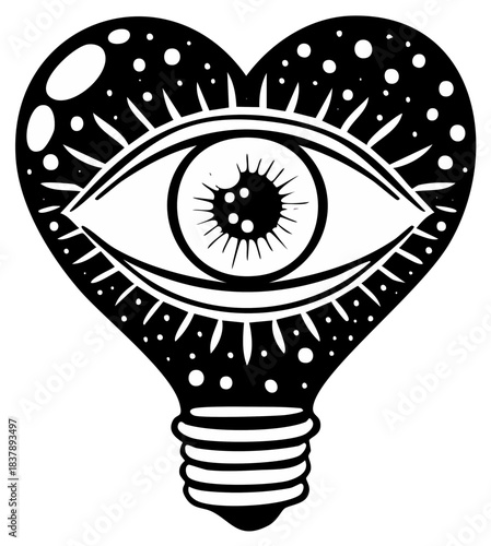 Mystical heart with all seeing eye and lightbulb base black and white graphic symbol