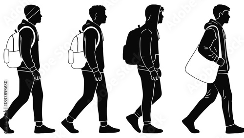 Silhouette of students walking with backpacks and shoulder bag