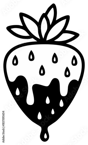 Hand drawn black outline of a strawberry dipped in chocolate with drips and leaves