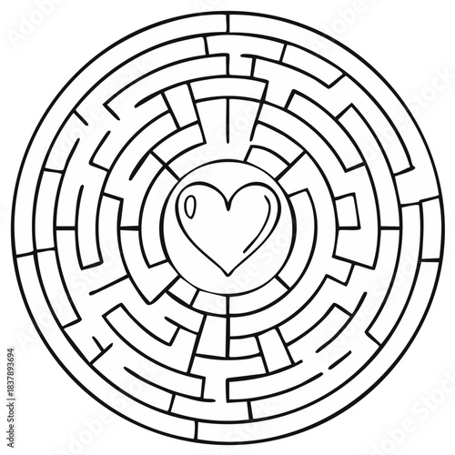 Heart in the middle of a round maze symbolizing search for love, challenge to reach emotions or finding the way to a loved one, Valentine's theme