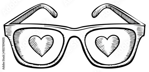 Hand Drawn Retro Eyeglasses with Heart Lenses Sketch Illustration