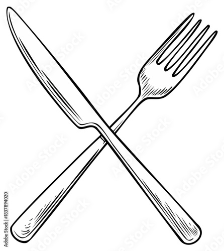 Crossed vintage style knife and fork illustration for dining and food service