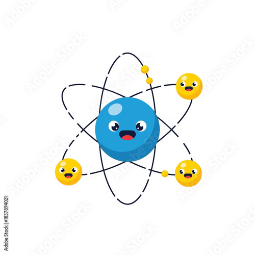 Cute cartoon atom illustration featuring a happy blue nucleus and smiling yellow electrons orbiting in space