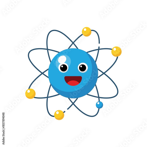Cute cartoon atom mascot with happy face orbiting electrons perfect for science education and chemistry fun