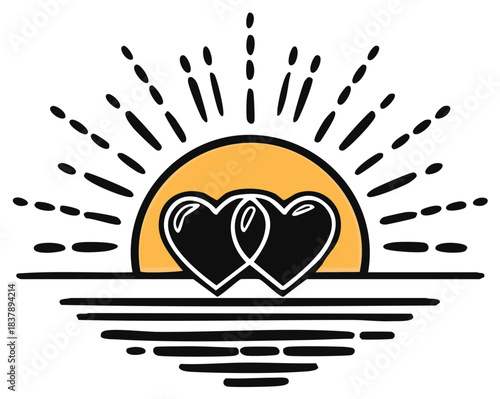 Heart sunset design, illustration featuring two intertwined hearts with sun rays