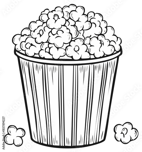 Classic Popcorn Bucket Outlined Ready for Coloring or Graphic Design Use at Movies and Events