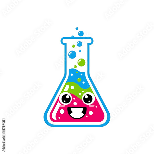 Cute cartoon laboratory flask with colorful bubbling liquid and happy face mascot design element