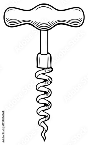 Classic T-shaped corkscrew tool with a spiraling metal worm for opening wine bottles