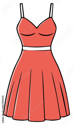 Illustration of a sleeveless coral colored dress with a fitted bodice and a pleated skirt isolated on a clean background
