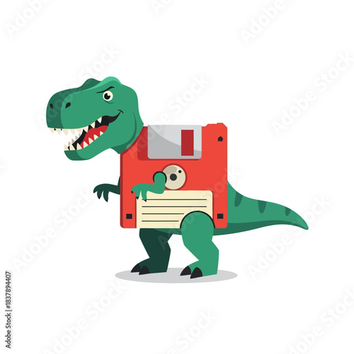 Green tyrannosaurus rex wearing a large red floppy disk as a costume for a funny retro technology concept