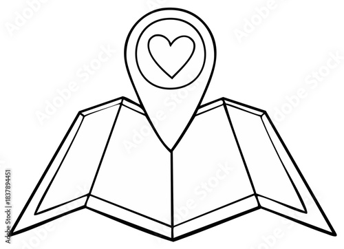 Heart icon inside location pin on a folded map representing love for travel or destination